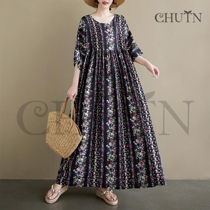 CHUTNサマーワンピース マキシワンピース40代 夏5分袖丸首 ゆったり
