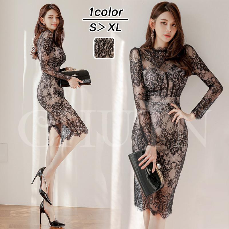 レースワンピース タイトワンピース 膝丈ワンピースタイト長袖 入学式  