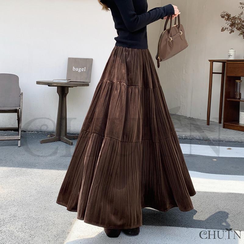 ベルベットスカートロング 春秋冬花柄フレアスカートロングスカート