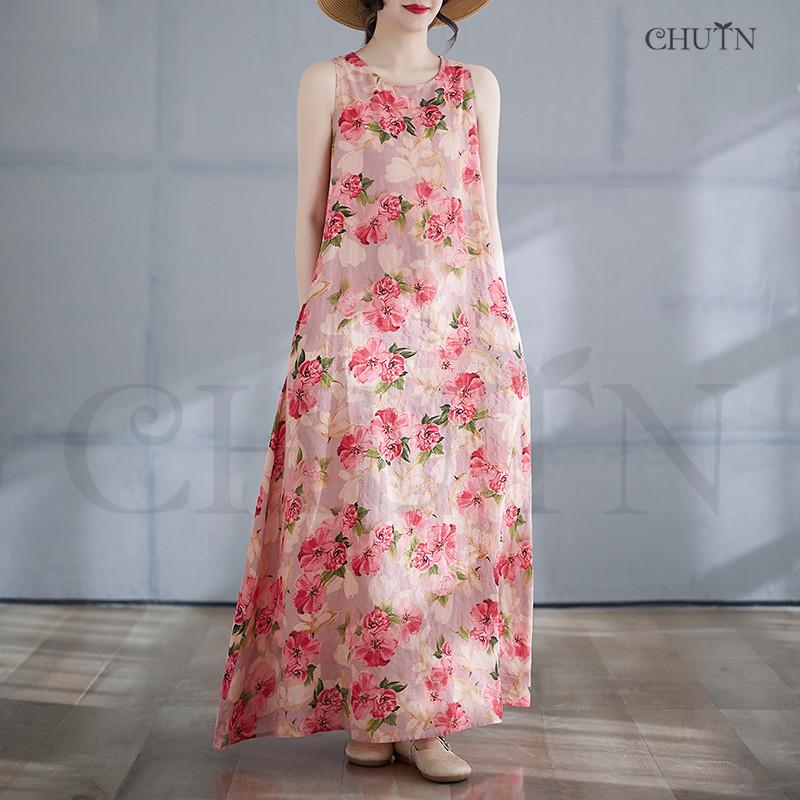 CHUTN夏綿麻マキシタンクトップワンピース レディース 40代花柄