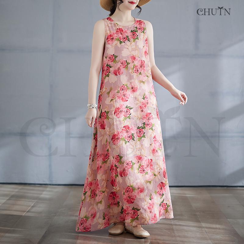 CHUTN夏綿麻マキシタンクトップワンピース レディース 40代花柄