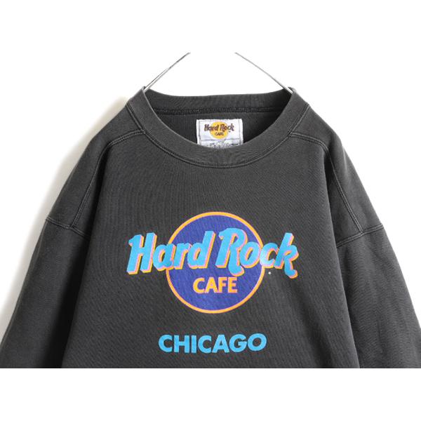 90s USA製 人気 黒 ■ ハードロックカフェ プリント スウェット トレーナー メンズ レディース L 90年代 オールド Hard Rock  CAFE CHICAGO