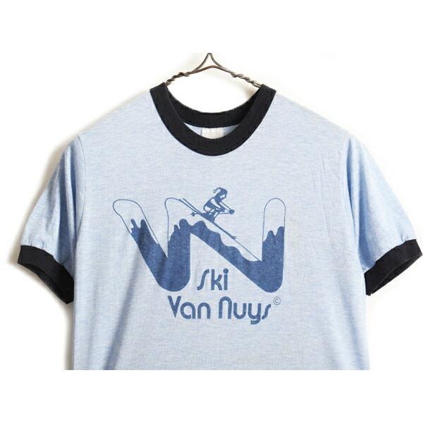 80s USA製 ビンテージ □ スキー プリント 半袖 リンガー Tシャツ