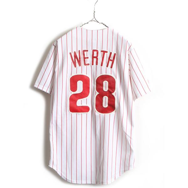 希少サイズ S ■ MLB オフィシャル Majestic フィラデルフィア フィリーズ ストライプ 半袖 ベースボール シャツ ( メンズ )  ゲームシャツ