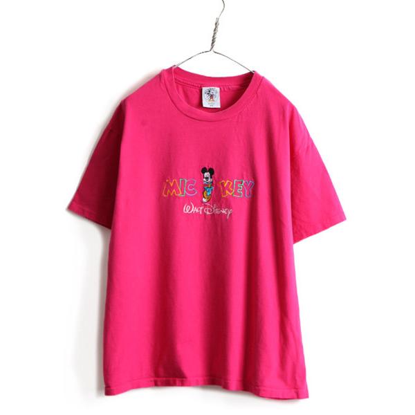 90s USA製 大きいサイズ XL ■ ディズニー オフィシャル ミッキー 刺繍 半袖 Tシャツ ( メンズ レディース ) 古着 90年代 オールド ピンク｜tzdfb97470