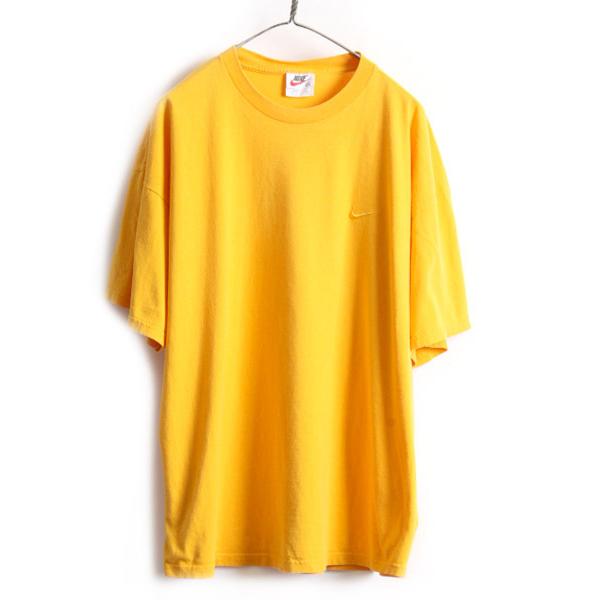 レアカラー 90s USA製 大きいサイズ XXL ■ NIKE ナイキ スウォッシュ ロゴ刺繍 半袖 Tシャツ ( メンズ ) 古着 90年代 ワンポイント 黄色｜tzdfb97470