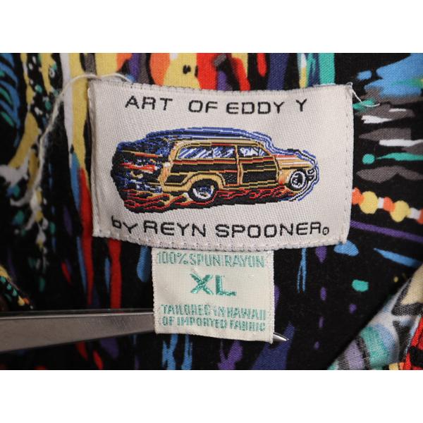 90s ハワイ製 EDDY Y by REYN SPOONER レーヨン 半袖 アロハ シャツ メンズ XL 古着 90年代 オールド レインスプーナー ハワイアン 総柄 黒｜tzdfb97470｜08