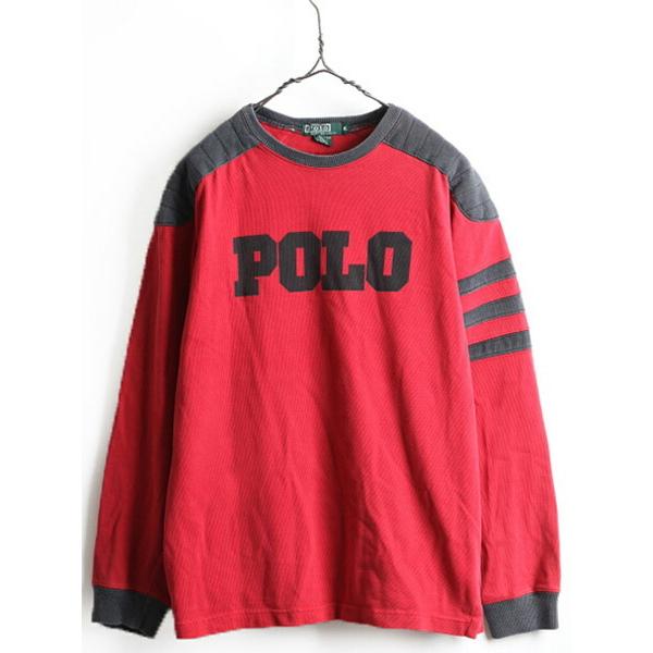 90's グリーンタグ ボーイズ XL メンズ S 程 POLO ポロ ラルフローレン 肩キルティング 補強 2トーン 長袖 フットボール T