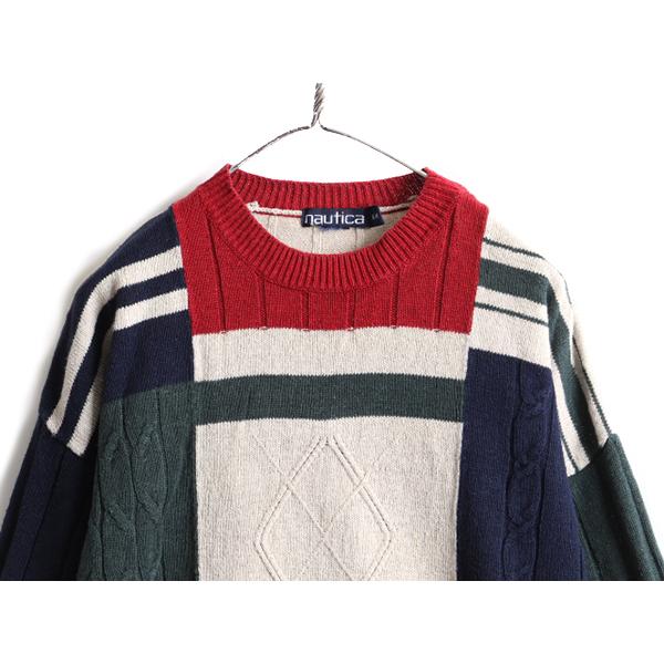 90s □ ノーティカ パッチワーク 長袖 ニット セーター ( メンズ M