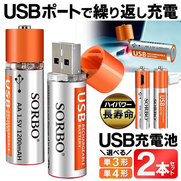 乾電池 充電式 2本セット 単3形 単4形 電池 リチウムイオン USB充電 