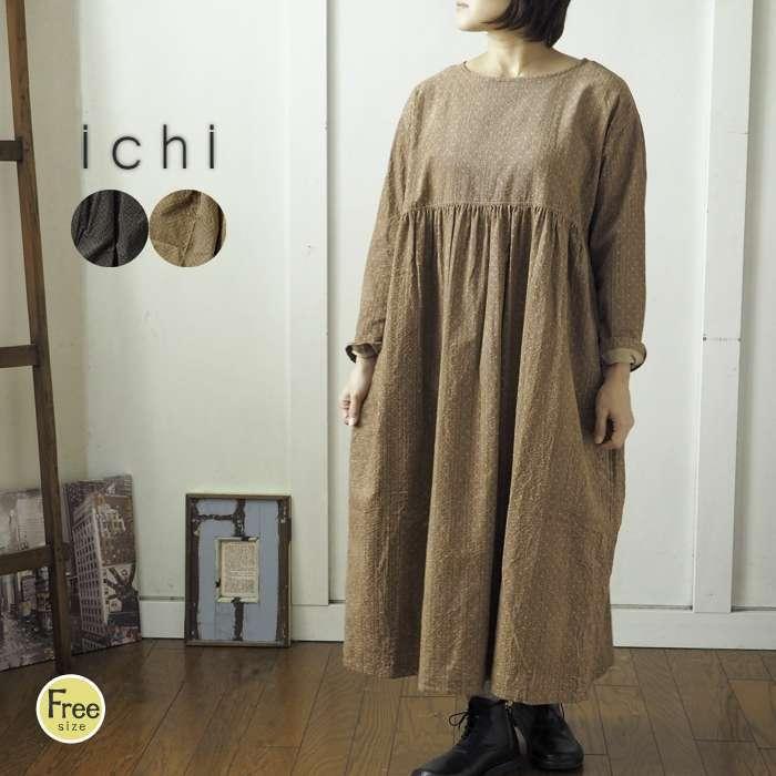 ICHI イチ ドット柄コーデュロイのコクーンロングワンピース ウエスト 