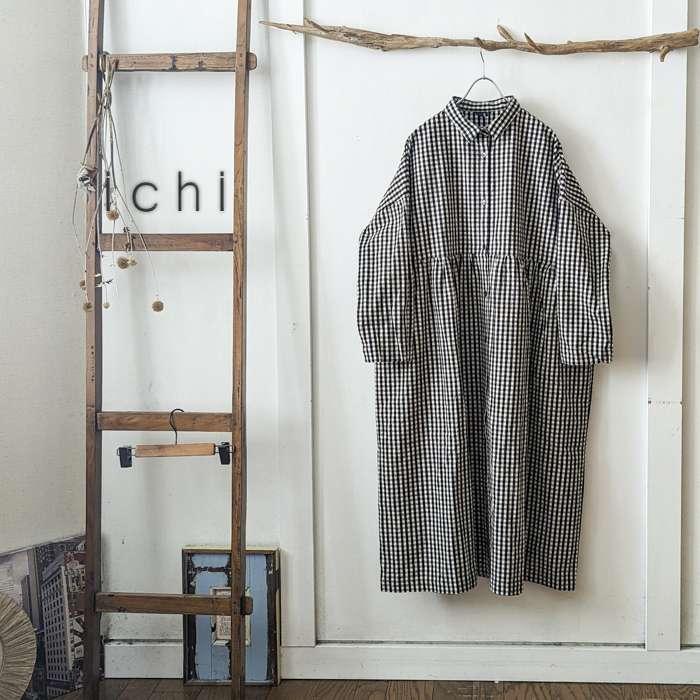 ICHI（イチ） 薄起毛コットンリネンギンガムチェックロングワンピース