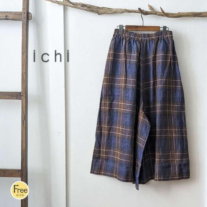 ICHI イチ チェック柄リネンワイドパンツ ゆったり レディース