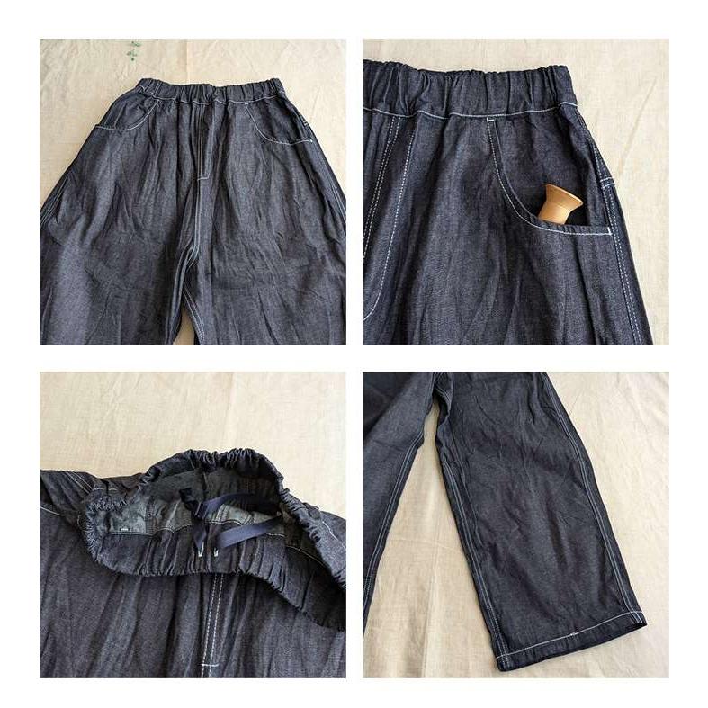 NARU ナル デニムワイドパンツ ノッポパンツ レディース 8オンスデニム ストレート 飾りステッチ ウエストゴム 春 夏の画像