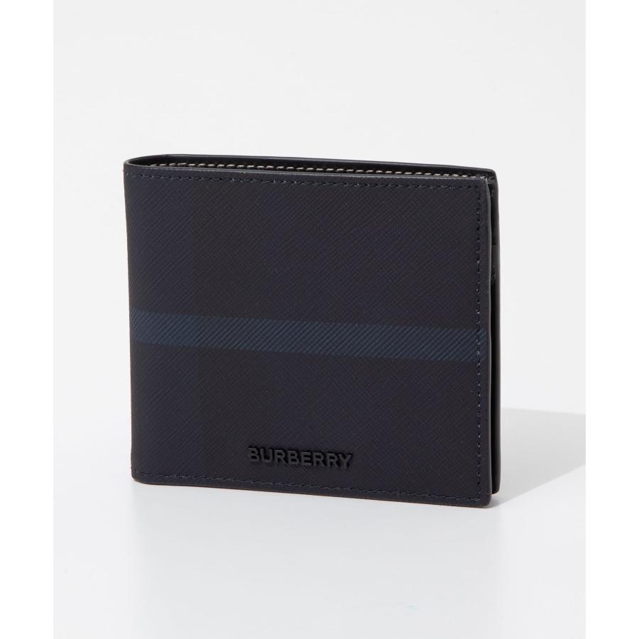 BURBERRY 折り財布 バイフォールド シルバーロゴ サフィアーノ ネイビー バーバリー 二つ折り財布 メンズ ネイビー チェック バイ