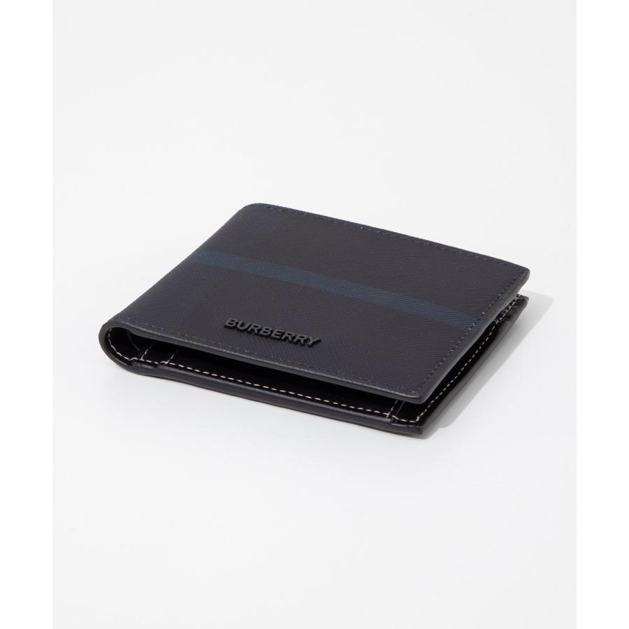 BURBERRY 折り財布 バイフォールド シルバーロゴ サフィアーノ ネイビー バーバリー 二つ折り財布 メンズ ネイビー チェック バイ