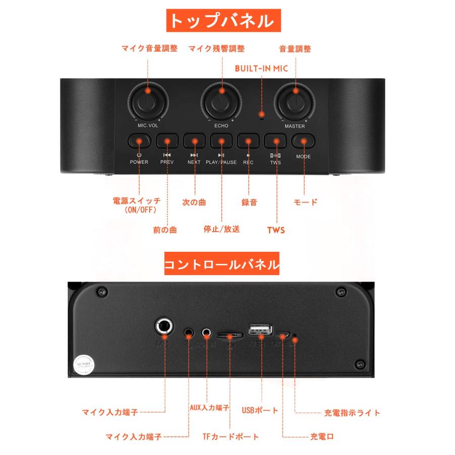 JYX スピーカーセット 拡声器 ワイヤレスマイク1本 Bluetooth 5.0対応 高低音強化機能搭載 充電式 ポータブル ホームパーティー、カ｜u2-select-shop｜04