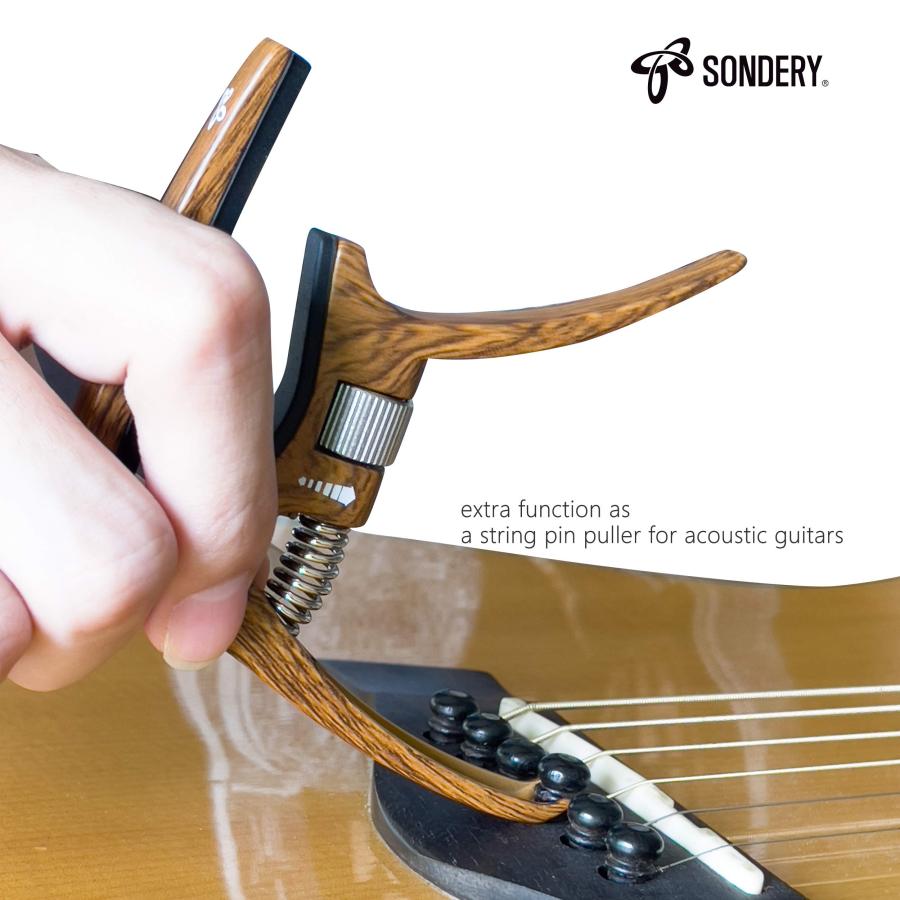 SONDERY カポタスト アコースティック ギター エレキ 用 6弦 アコギ カポ トリガーテンション調整可能 ブリッジピン抜き機能 木目カラー｜u2-select-shop｜03