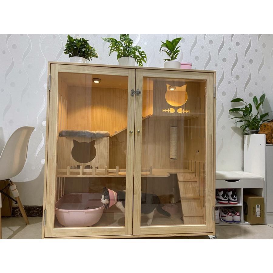 【美品】 ペットハウス キャットタワー 猫ハウス 猫用 大型猫 ネコタワー動物ハウス【猫の部屋】透明なドア 別荘 猫キャビネット 転倒防止 二つドア 【Z1750751667】(63662円)