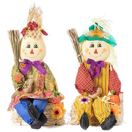 種類豊富な品揃え Gardenised QI003719 Set of 2 Garden Scarecrows Sitting on Hay Bale, Multicolor その他インテリア雑貨、小物