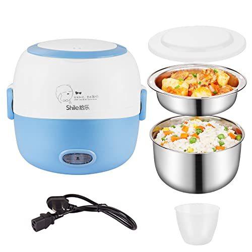 Lunch Box Heater Portable - 110V 200W Removable Stainless Steel Heated Lunch Box - with Bowl, Plate, Measuring Cup (Blue)