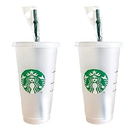 Starbucks 2 Pack Reusable Venti Frosted Cold Cup With Lid and Green Straw w/Stopper