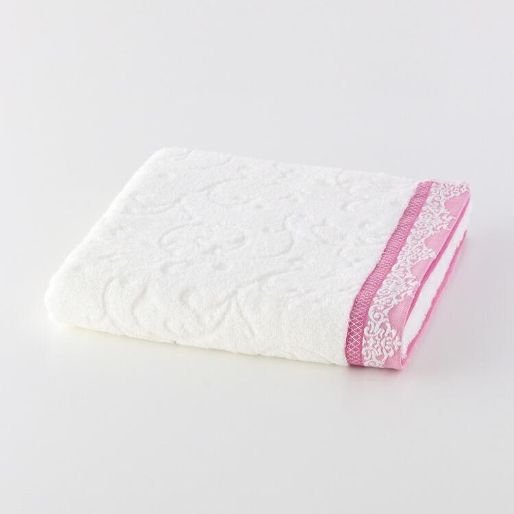 ハンドメイド バスタオル ホワイト×ピンク＆ホワイトレース 新品 UCHINO グレースバスタオル 約60×120cm 無撚糸 パイル ウチノ