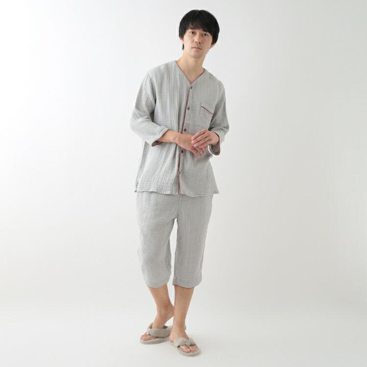 UCHINO SALE UCHINO クレープガーゼ ノーカラーメンズパジャマ 綿100