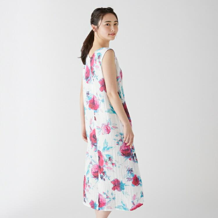 再お値下げ★UCHINO♬クレープガーゼノースリーブワンピース★新品未使用 クレープガーゼ前開きフレンチスリーブワンピース レッド