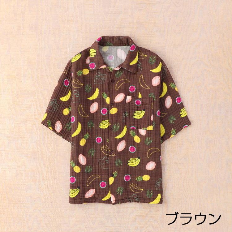 UCHINO クレープガーゼプリント半袖レディスパジャマ ブラウン S UCHINO SALE UCHINO ウチノ クレープガーゼ メンズ プリント開襟シャツ