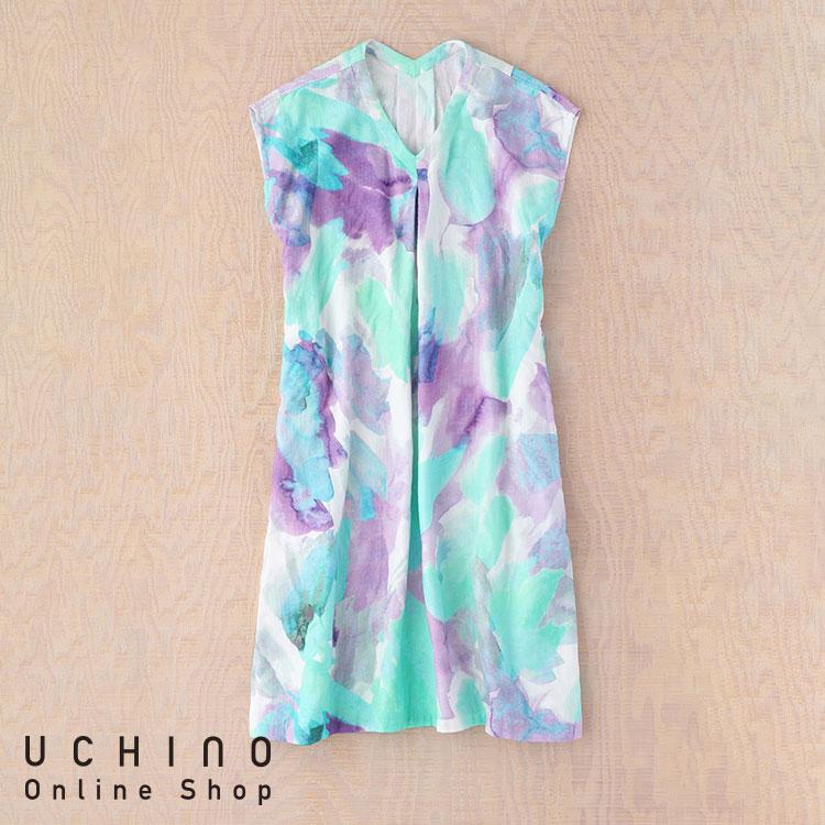 【新品】UCHINO マシュマロガーゼ 花柄プリントノースリーブ ワンピース UCHINO マシュマロガーゼ 水彩プリントワンピース 水彩プリント