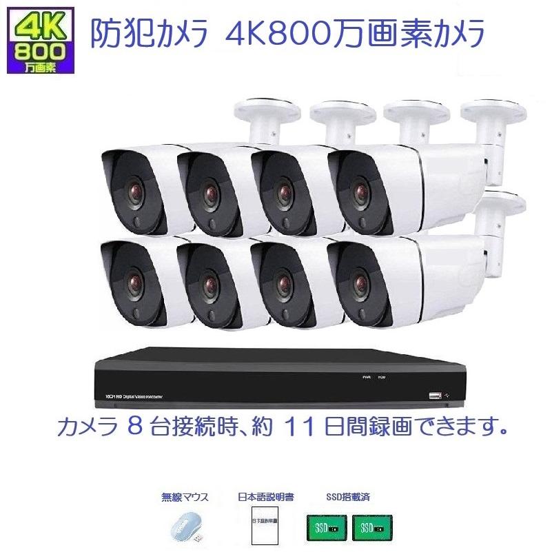 防犯灯カメラ 4K 800万画素 夜間カラー撮影 監視カメラ8台＋SSD録画機 