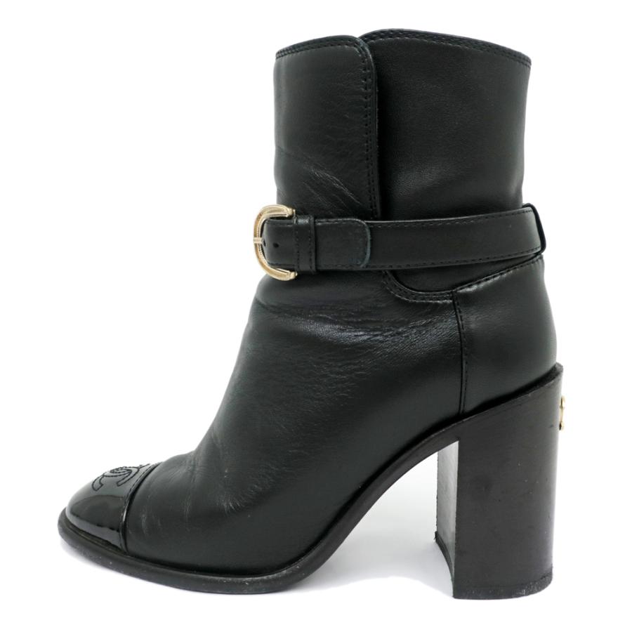 名東】シャネル アンクルブーツ 34 1/2C 黒 G38064 レザー パテント CC  