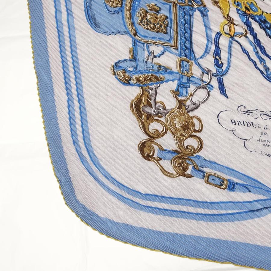 美品　HERMES エルメス　カレ　プリーツ　スカーフ　ブルー　ひし形　シルク HERMES エルメス プリーツカレ スカーフ シルク100% ブルー LES