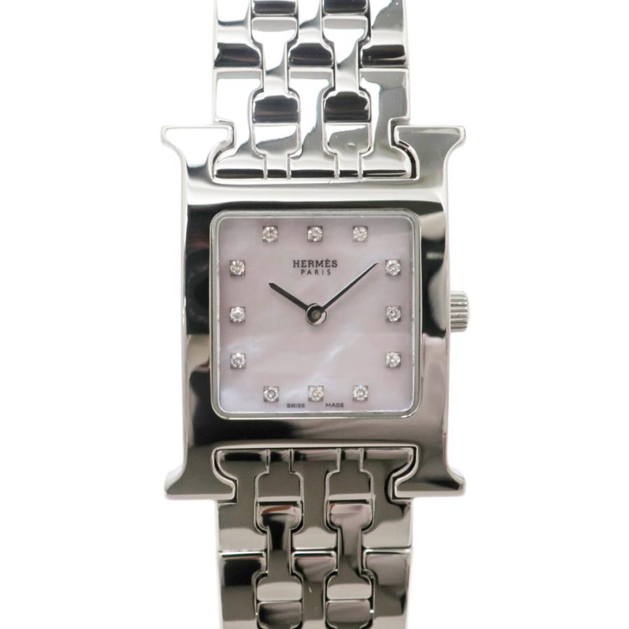 名東】エルメス Hウォッチ HH1.210 ピンクシェル文字盤 12Pダイヤ SS  