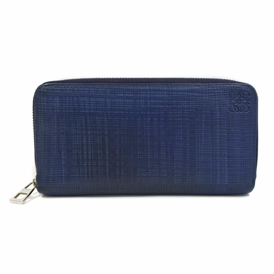 栄 財布 ロエベ ラウンドファスナー 質ウエダ 長財布 アナグラム リネン ネイビー 紺 ラウンドファスナー メンズ