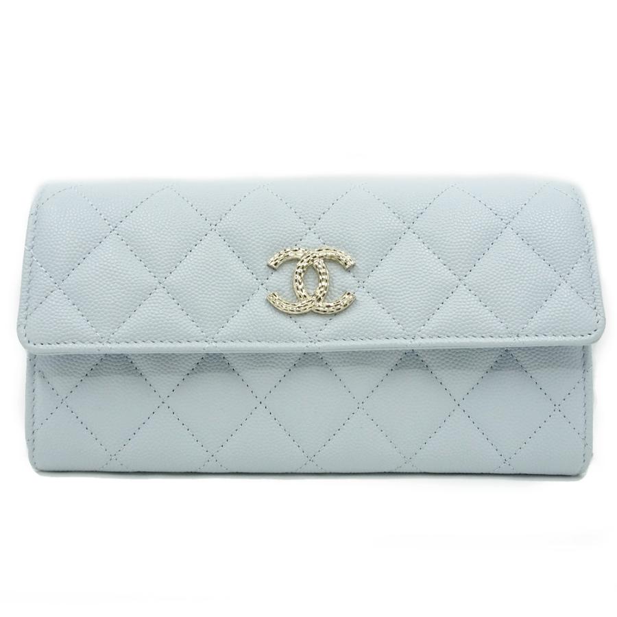 CHANEL 長財布 フラップウォレット ココマーク ロゴ金具 レザー 水色 栄】シャネル ココマーク ロング フラップ ウォレット 長財布