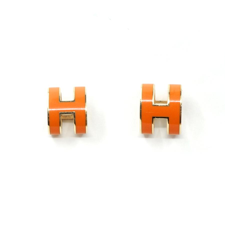 HERMÈSエルメス Hロゴ ポップアッシュピアス ゴールド×オレンジ 美品 栄】エルメス ピアス ポップアッシュ ポップH Hロゴ オレンジ