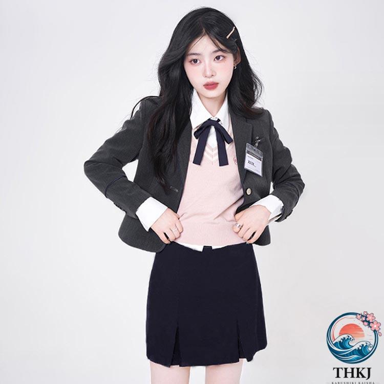 制服 女子 ブレザー 6 点セット スカート 韓国 リボン ベスト バッジ