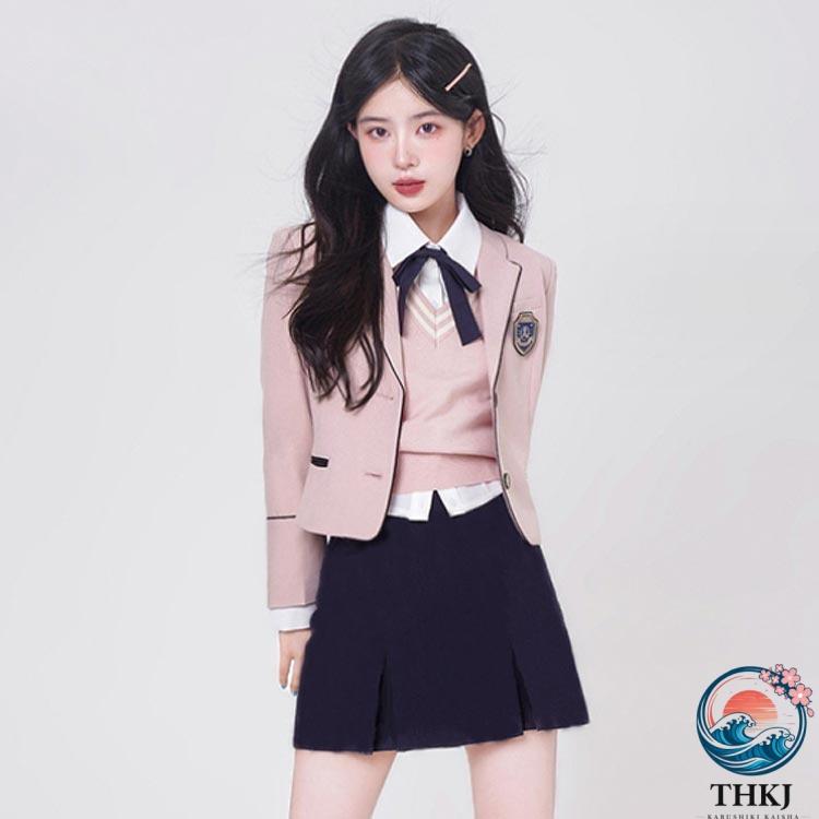 制服 女子 ブレザー 6 点セット スカート 韓国 リボン ベスト バッジ