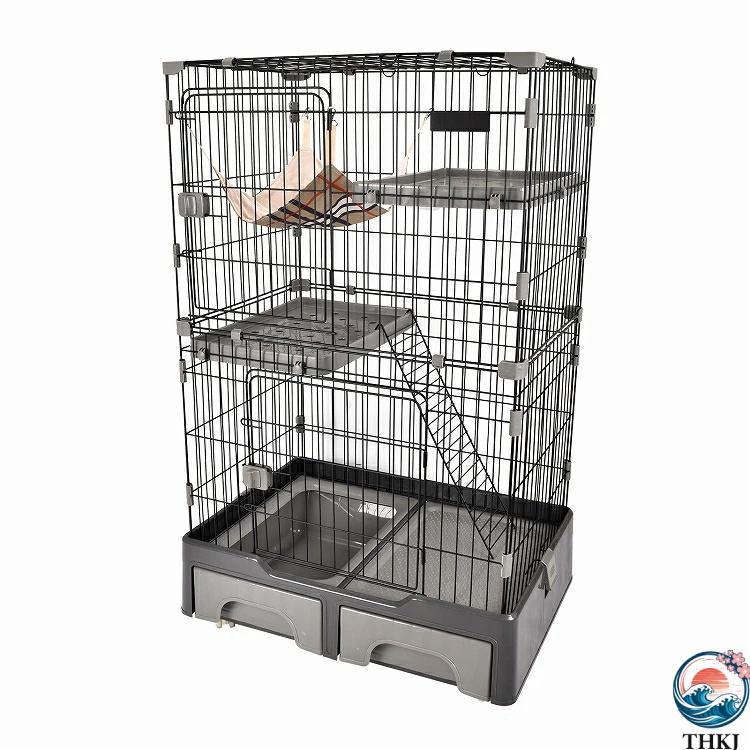キャットケージ 猫ケージ 猫ハウス ハンモック付 トイレ付き 引き出しトレー キャスター付 THKJ 3段 自由組み合わせ 大型 多頭飼い ペット 脱走防止 あったかの画像