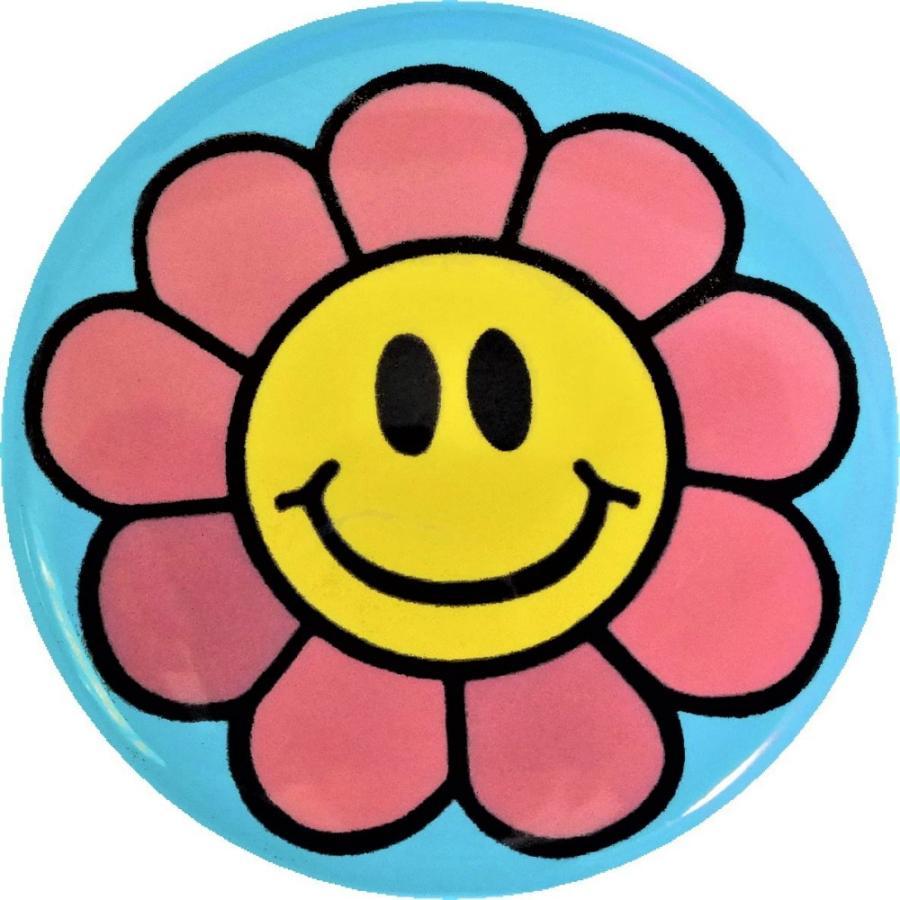 スマイル ニコちゃん フラワー柄 缶バッジ （安全ピンタイプ直径38mm