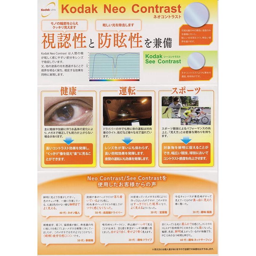 Kodak Neo Contrast SP，See Contrast SP コダック　ネオコントラスト シーコントラスト 【度付き　球面　カーブ指定可】 Contrast Neo 耐擦傷 ￥3，300加算