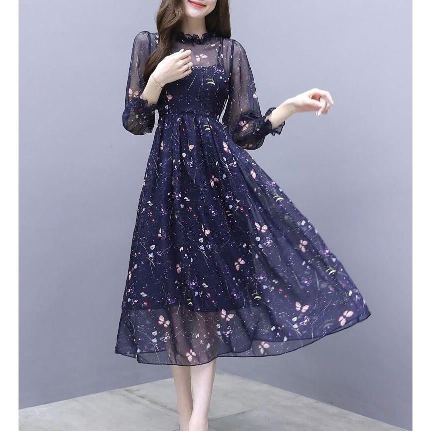 レディース 春夏 7分袖 シフォン ワンピース 蝶柄 プリントワンピ 膝丈 ワンピース 女性 上品 着痩せ キレイめ 0l 婦人服 Ops100 上杉ストア 通販 Yahoo ショッピング