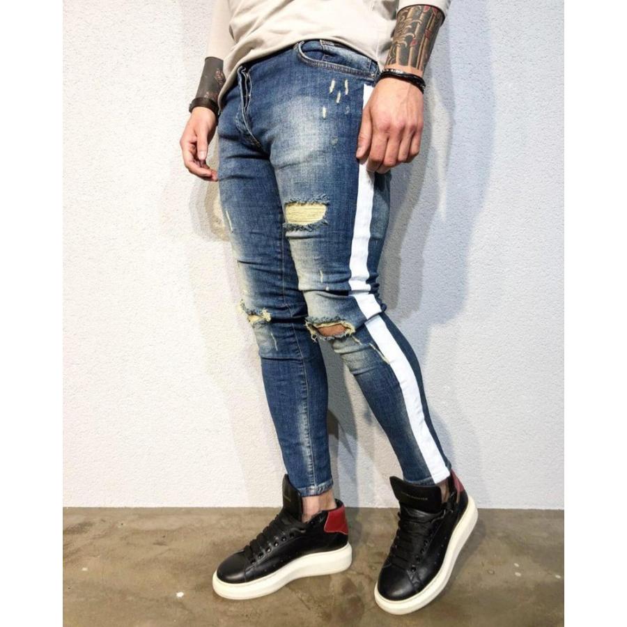 ダメージ スキニー ジーンズ メンズ スキニーパンツ パッチワーク スキニーデニムパンツ デニムパンツ デニム パンツ スリム 個性的 サイドライン Uss Mkz100 上杉ストア 通販 Yahoo ショッピング