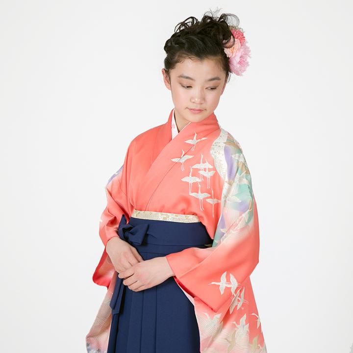 小学生 卒業式 レンタル 袴　HK-68 サーモンピンク 紺 フルセットレンタルハカマ 送料無料 小学校 卒業式 ジュニア 袴 レンタル 女の子 卒業式 袴 女児