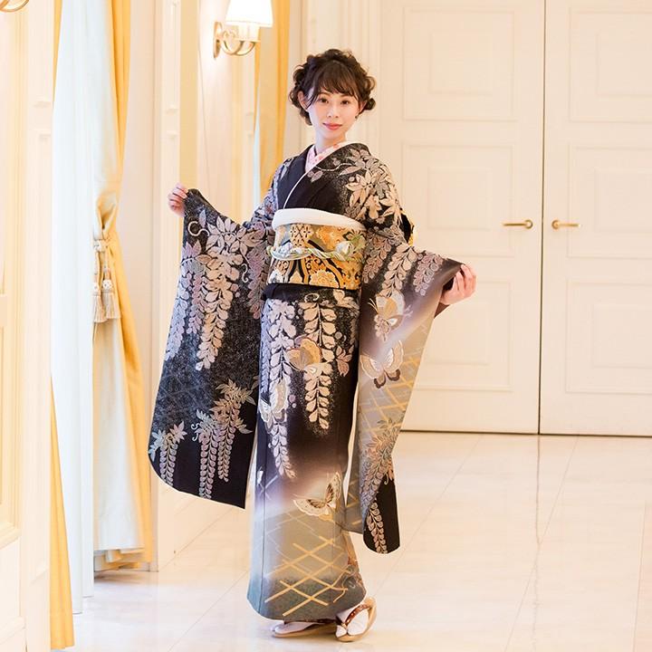 高級正絹 振袖レンタル 送料無料 FS-011 黒系 振袖 成人式