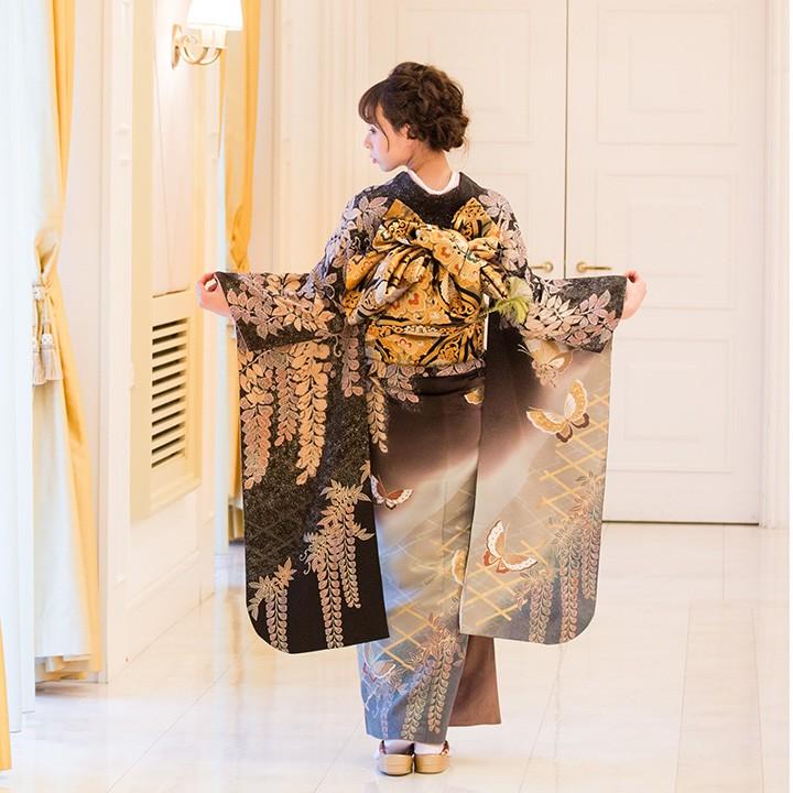高級正絹 振袖レンタル 送料無料 FS-011 黒系 振袖 成人式 レンタル
