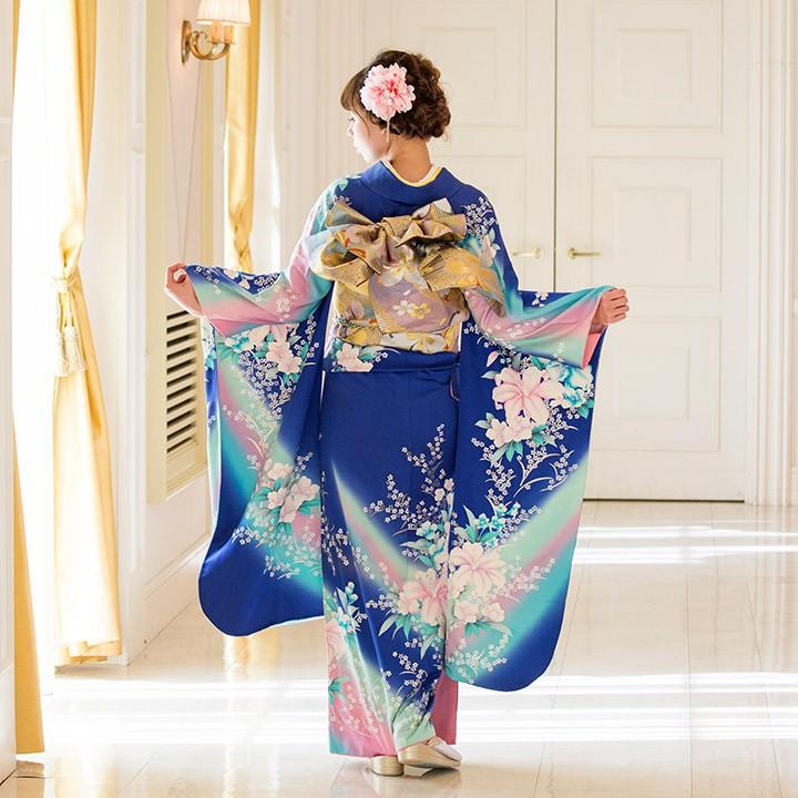 高級正絹 振袖レンタル 送料無料 FS-024 青系 振袖 成人式 レンタル