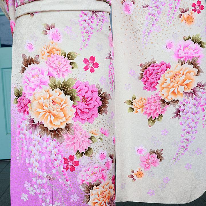 振袖レンタル 成人式 高級正絹 FS-089 白 牡丹 藤の花 振袖 レンタル